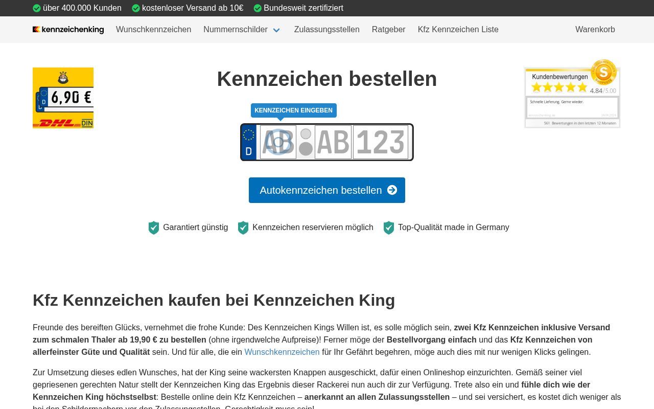 Homepage screenshot of kennzeichenking.de