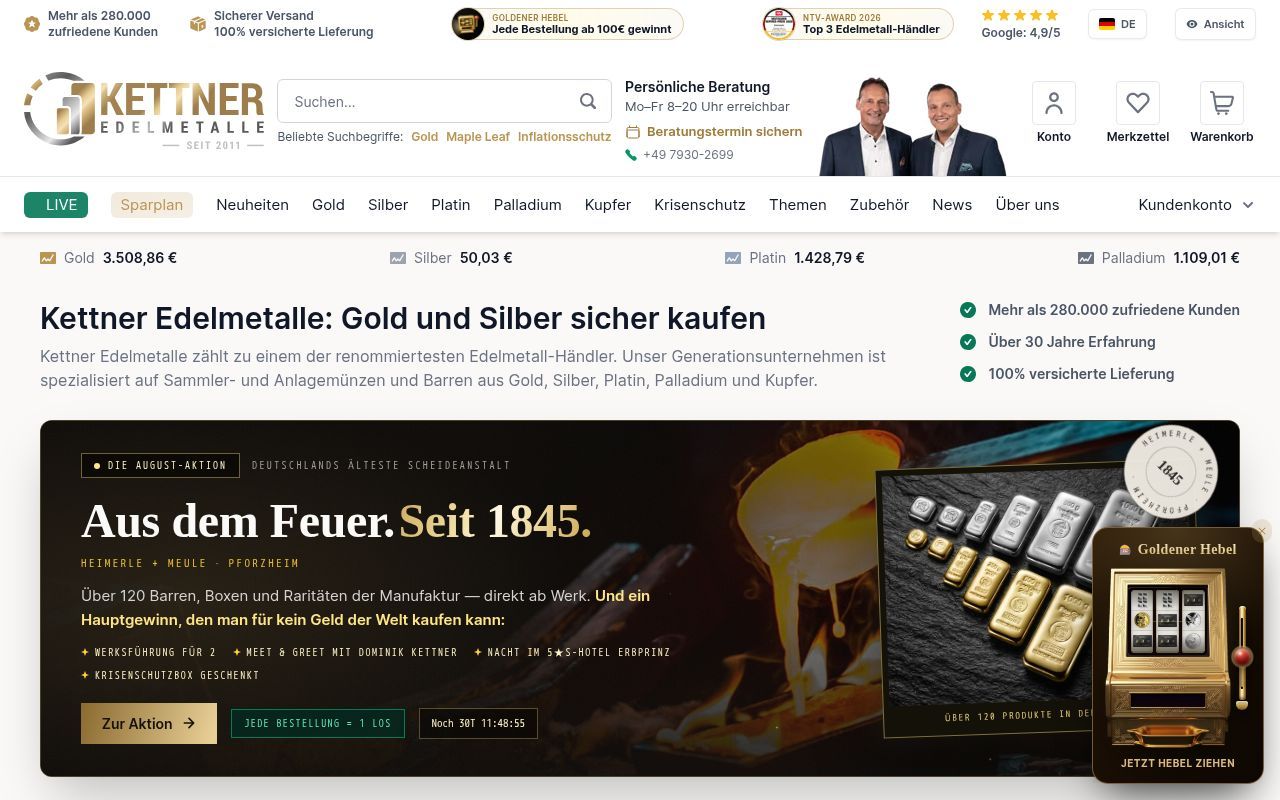Homepage screenshot of kettner-edelmetalle.at