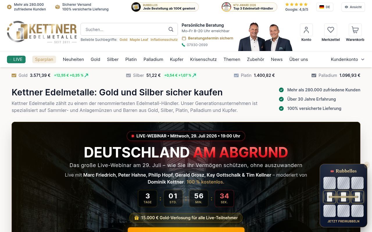 Homepage screenshot of kettner-edelmetalle.de