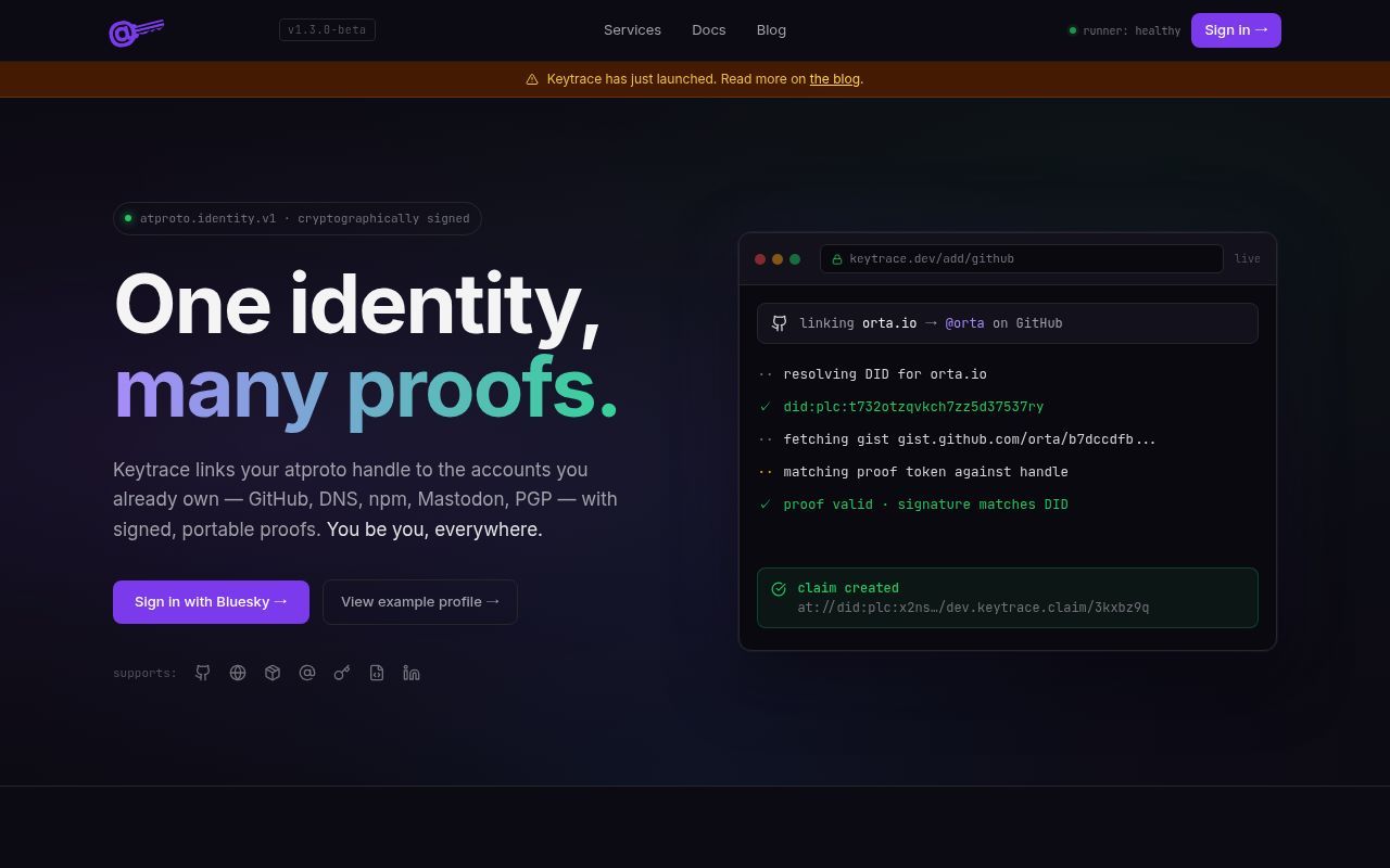 Homepage screenshot of keytrace.dev