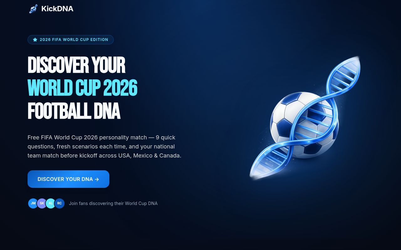 Homepage screenshot of kickdna.com