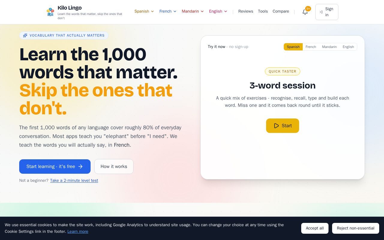 Homepage screenshot of kilolingo.com