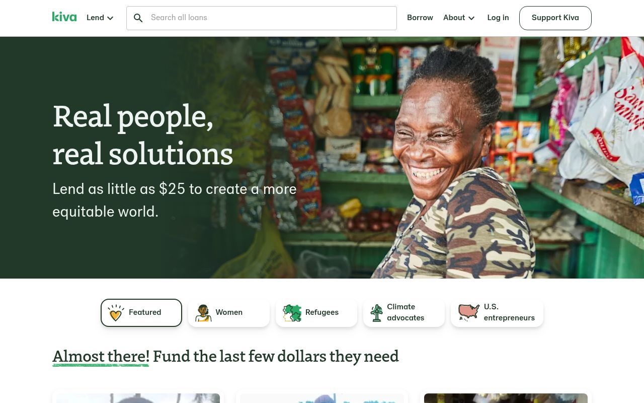 Homepage screenshot of kiva.org