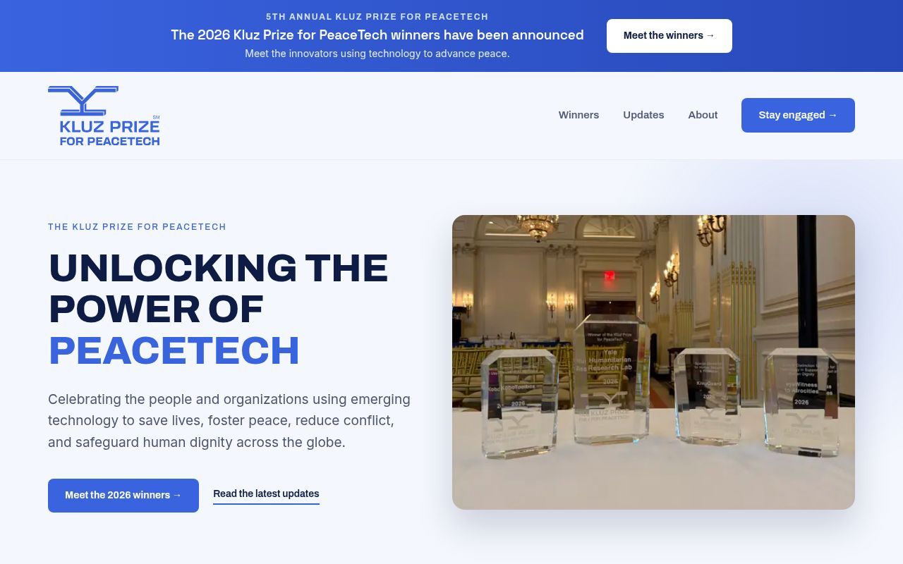 Homepage screenshot of kluzprize.org