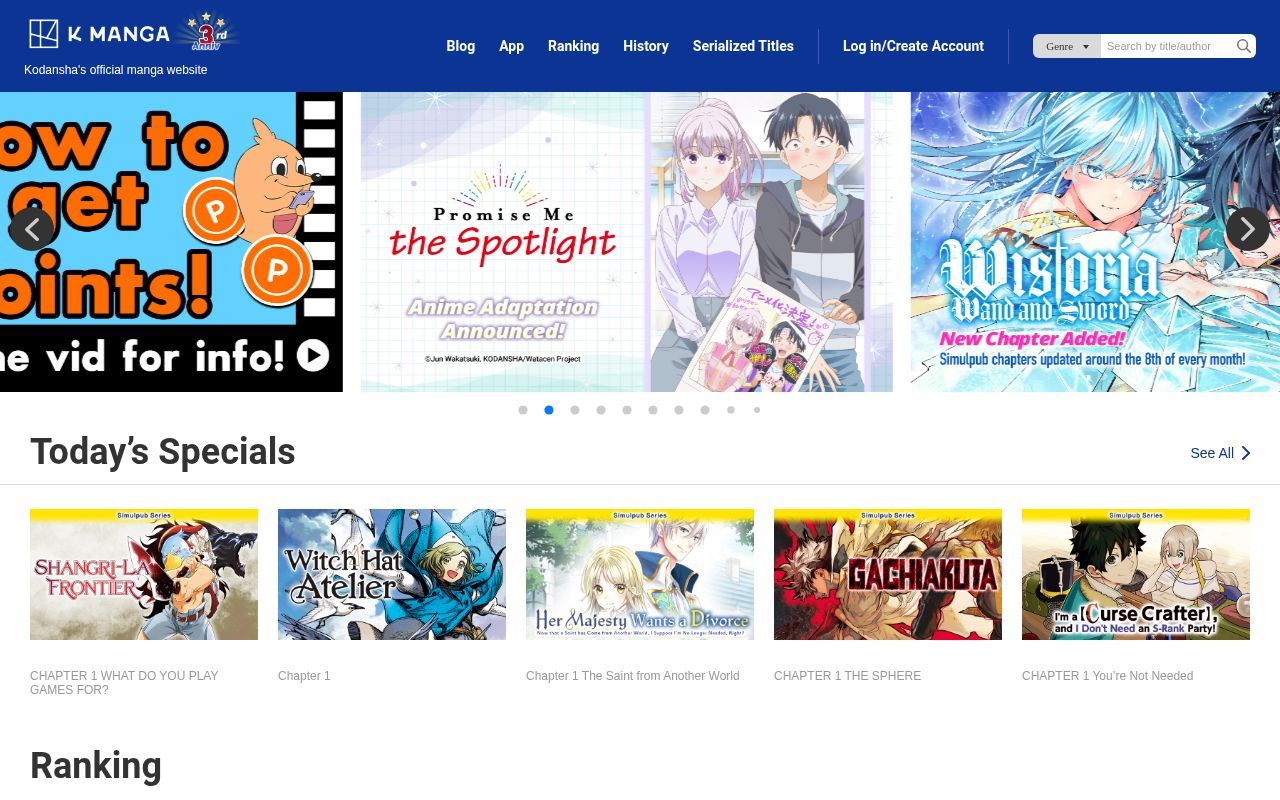 Homepage screenshot of kmanga.kodansha.com