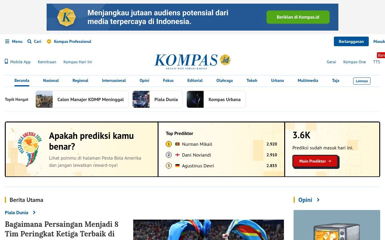 Homepage screenshot of kompas.id