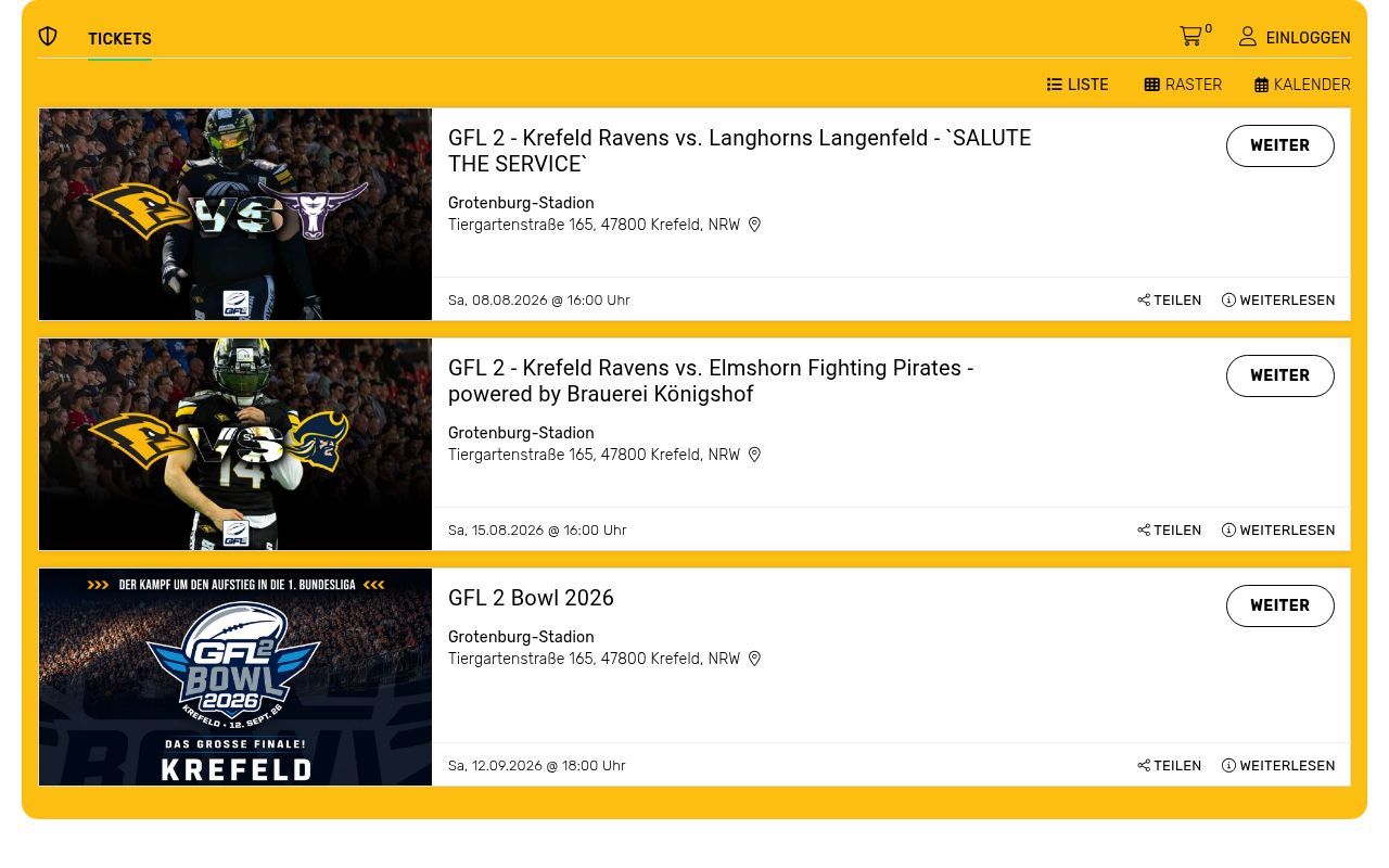 Homepage screenshot of krefeld-ravens.vbotickets.com