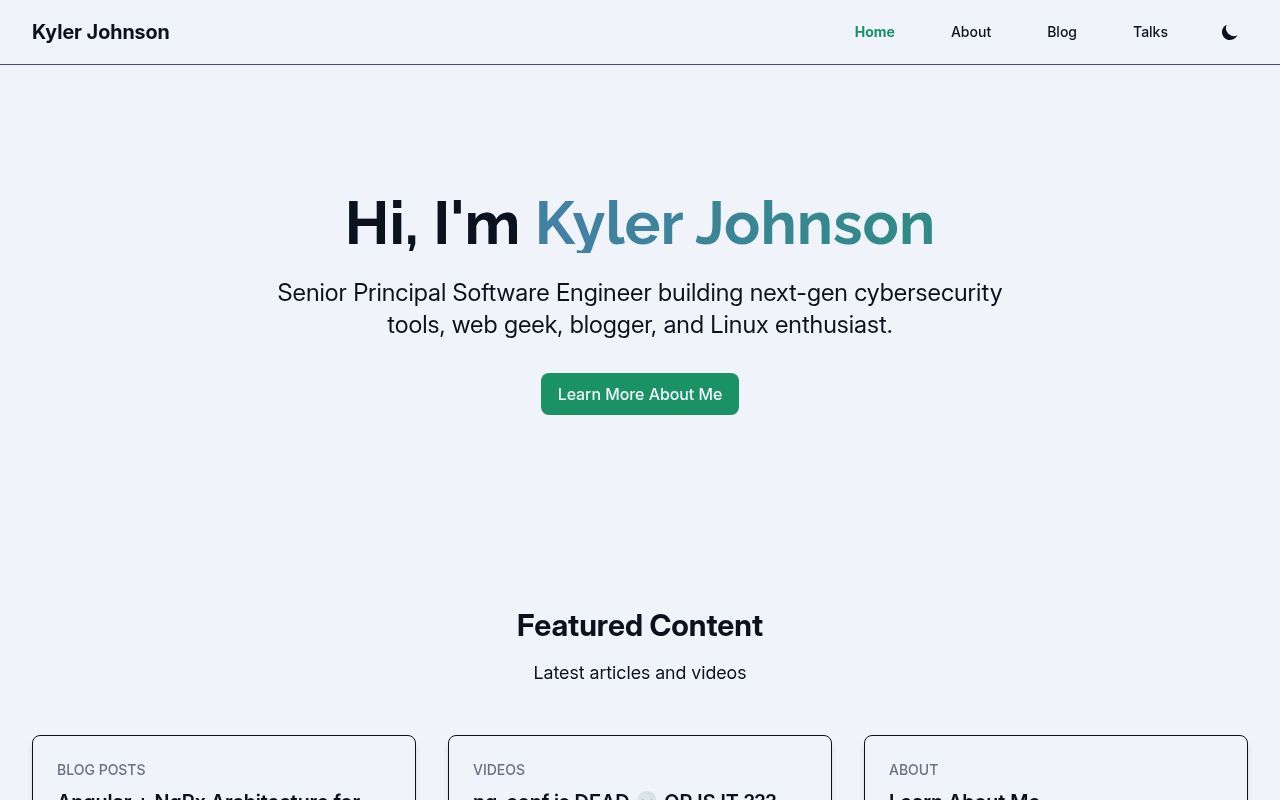 Homepage screenshot of kylerjohnson.dev
