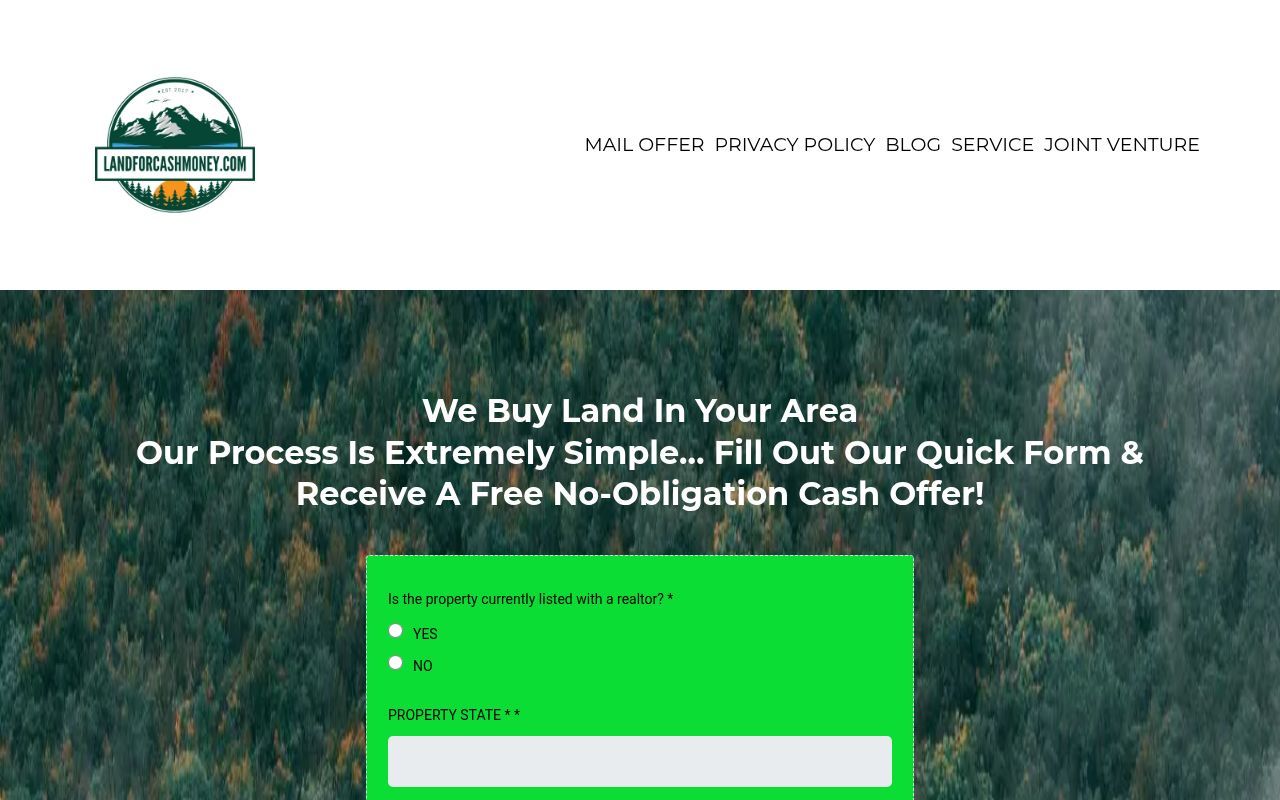 Homepage screenshot of landforcashmoney.com