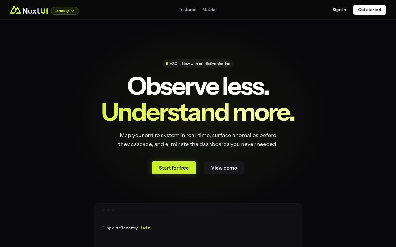 Homepage screenshot of landing-template.nuxt.dev