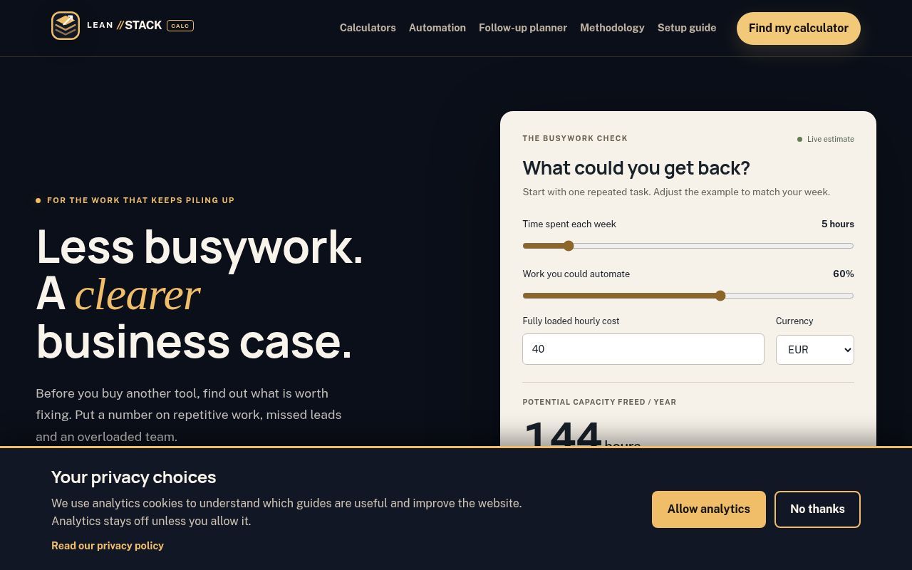 Homepage screenshot of leanstackcalc.com