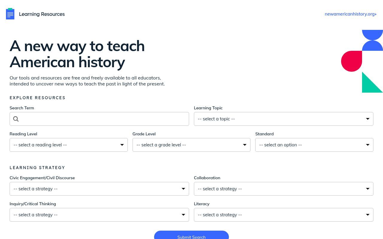Homepage screenshot of learn.newamericanhistory.org