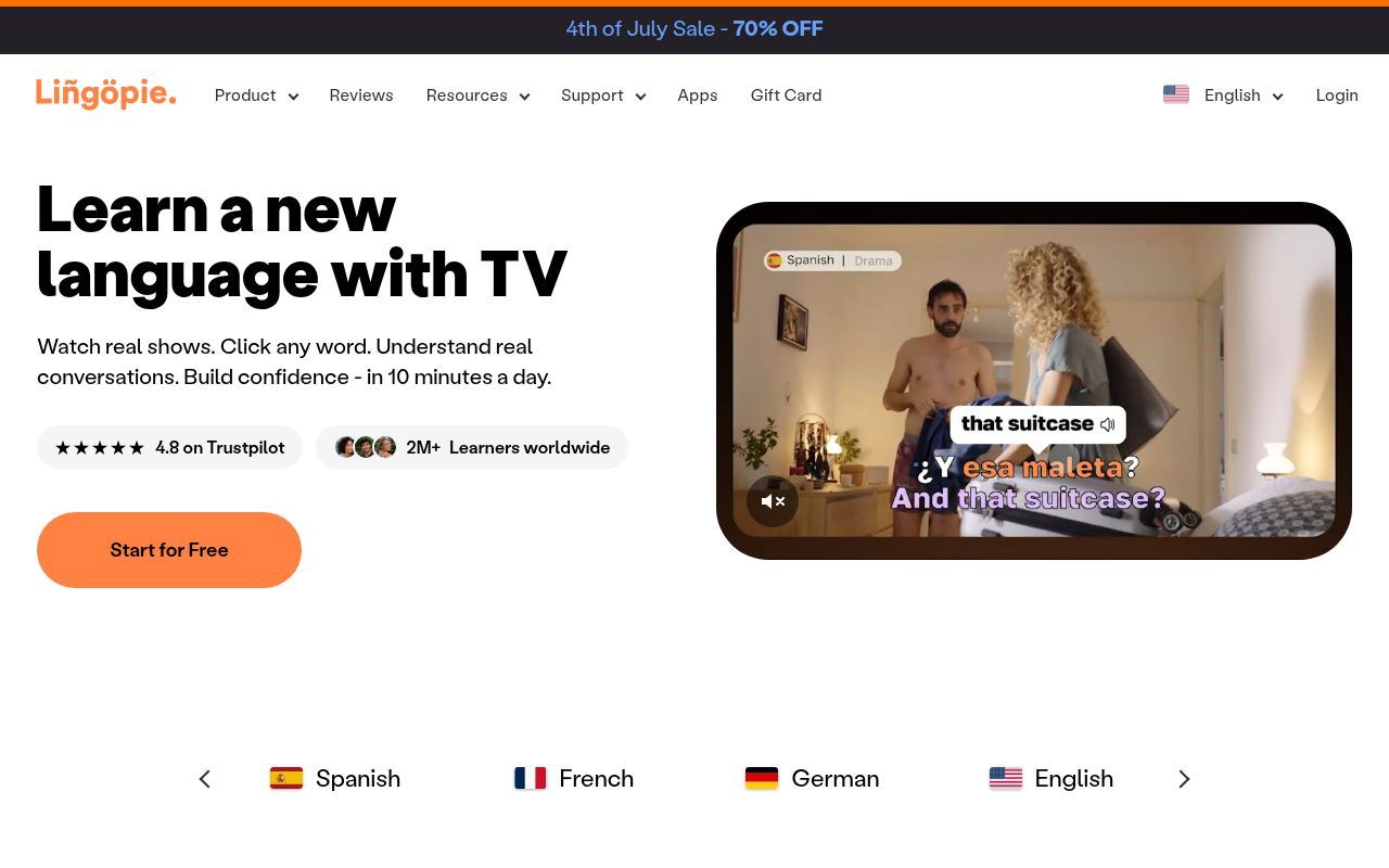 Homepage screenshot of lingopie.com