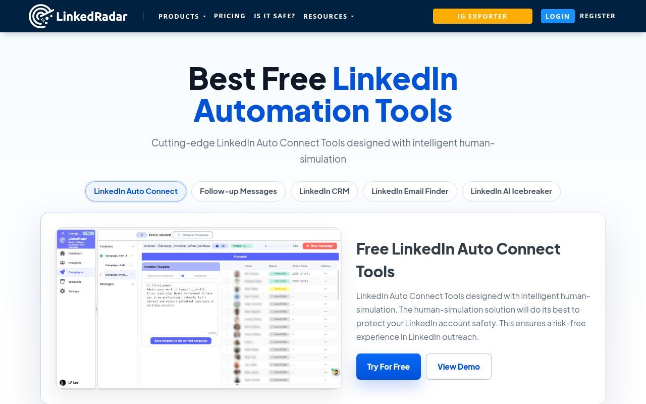 Homepage screenshot of linkedradar.com