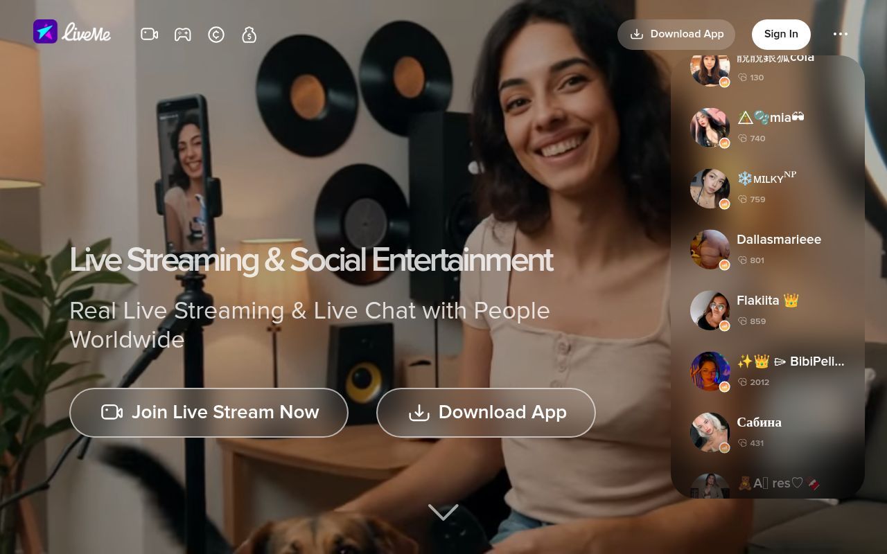 Homepage screenshot of liveme.com