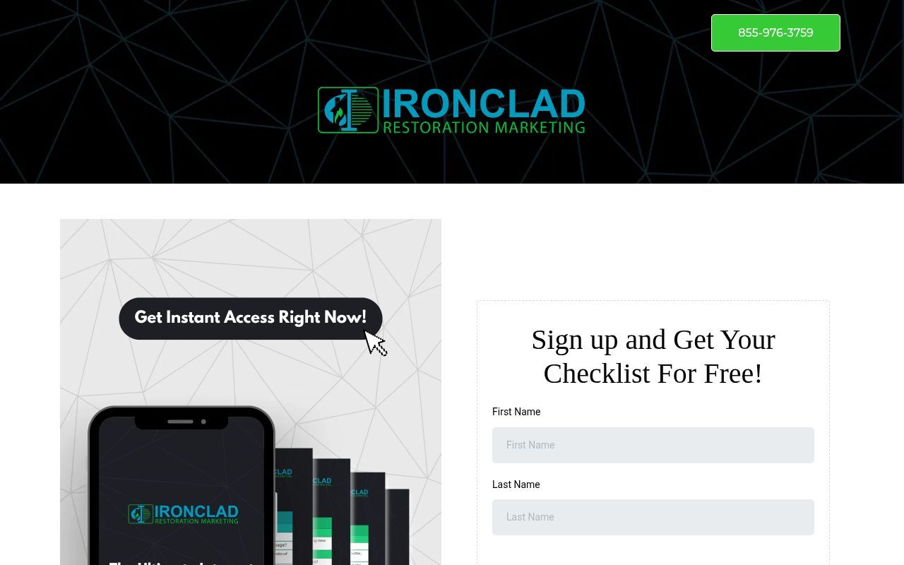 Homepage screenshot of lp.ironcladrestorationmarketing.com