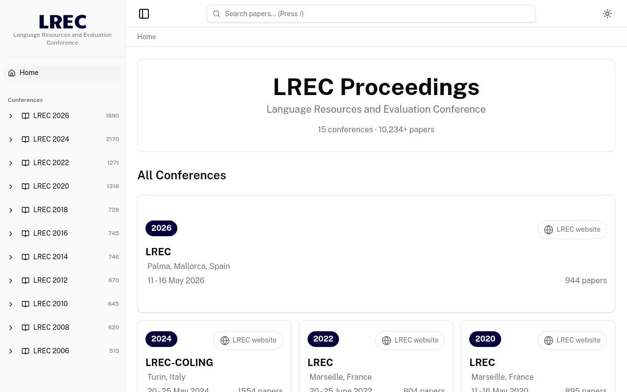 Homepage screenshot of lrec.elra.info