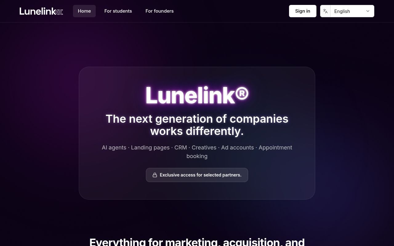 Homepage screenshot of lunelink.com