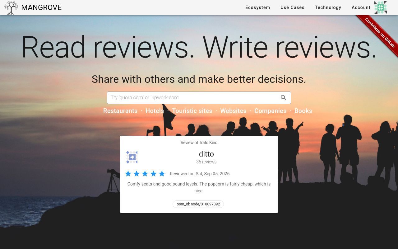 Homepage screenshot of mangrove.reviews