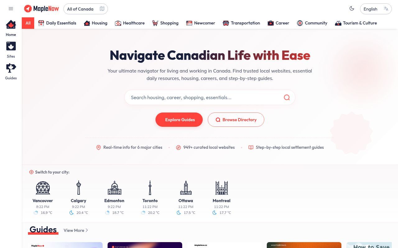 Homepage screenshot of maplenow.ca