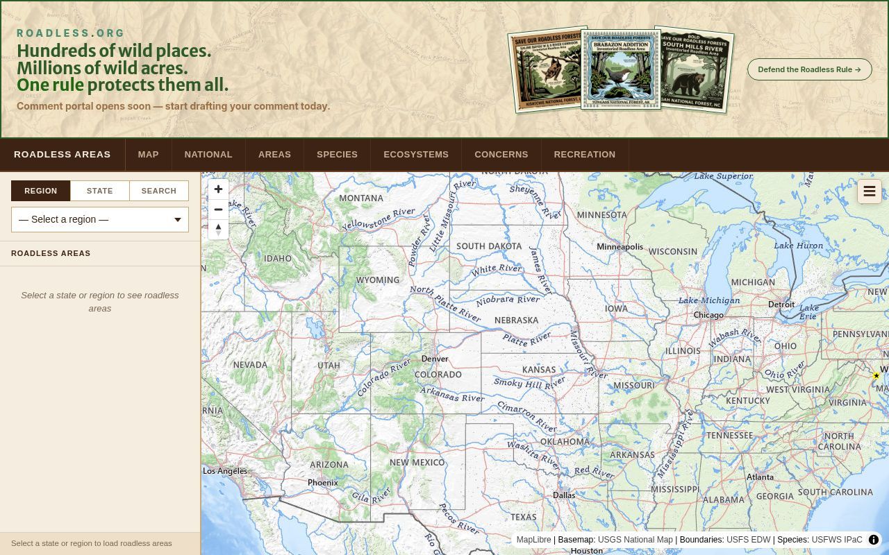 Homepage screenshot of maps.roadless.org