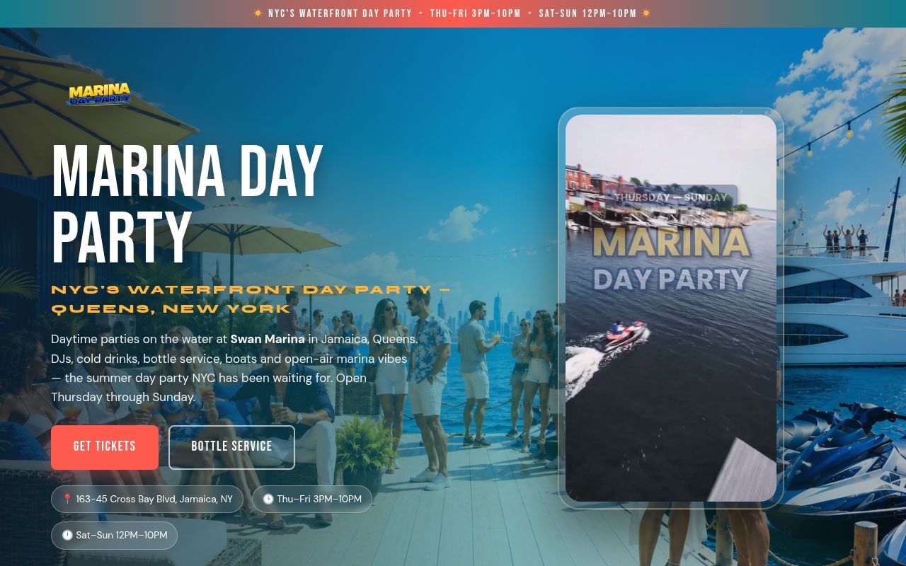 Homepage screenshot of marinadayparty.com