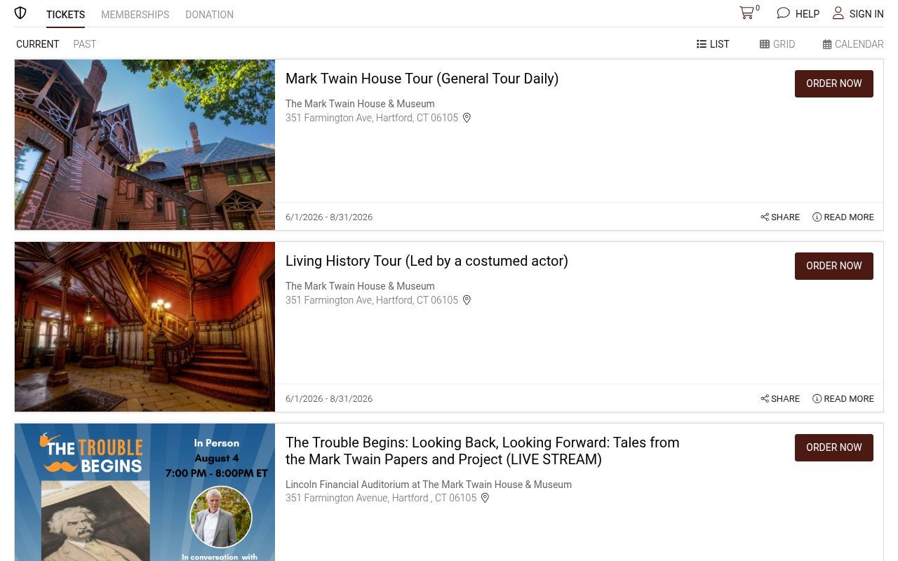 Homepage screenshot of marktwainhouse.vbotickets.com