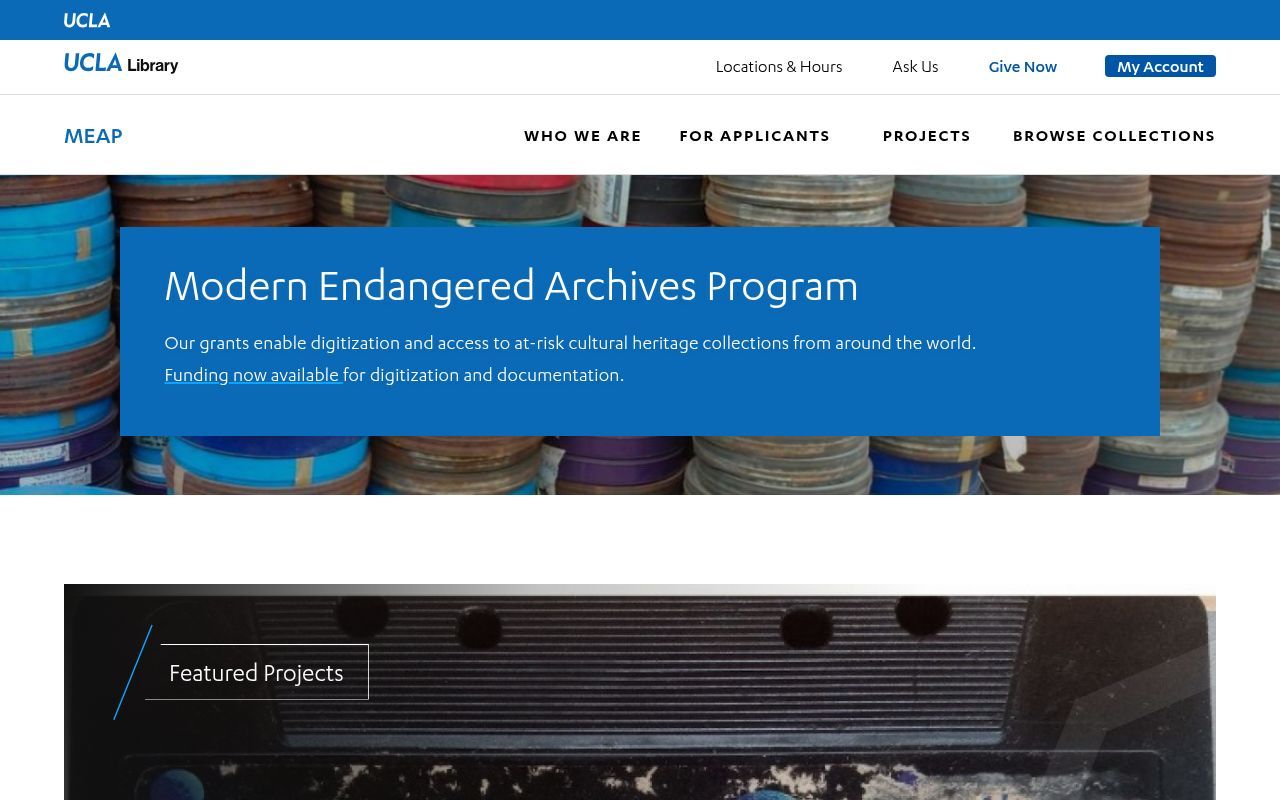 Homepage screenshot of meap.library.ucla.edu