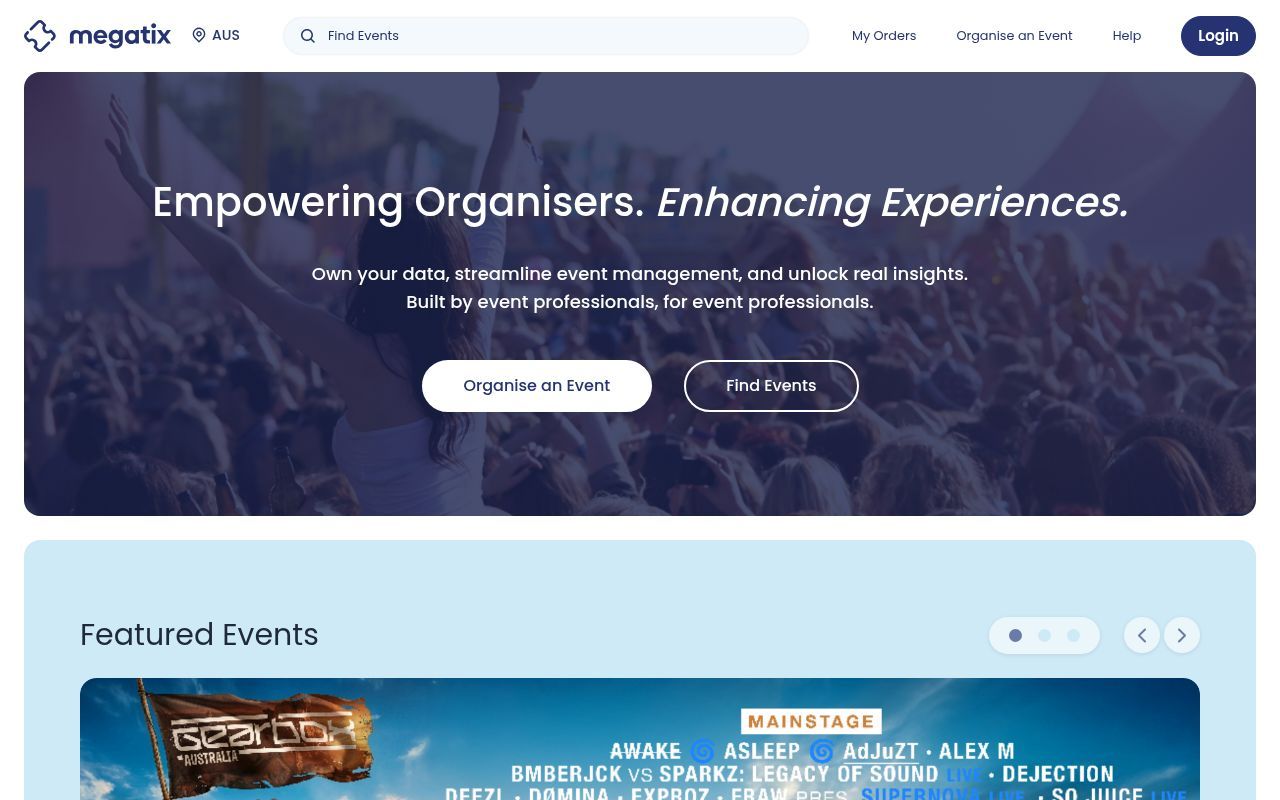 Homepage screenshot of megatix.com.au