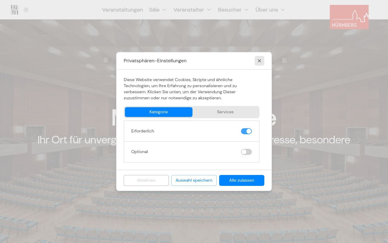Homepage screenshot of meistersingerhalle.nuernberg.de
