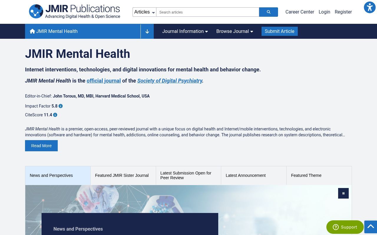 Homepage screenshot of mental.jmir.org