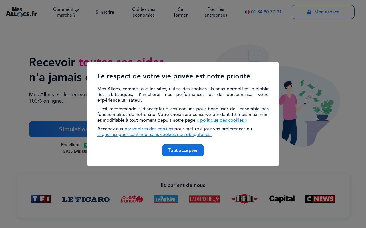Homepage screenshot of mes-allocs.fr