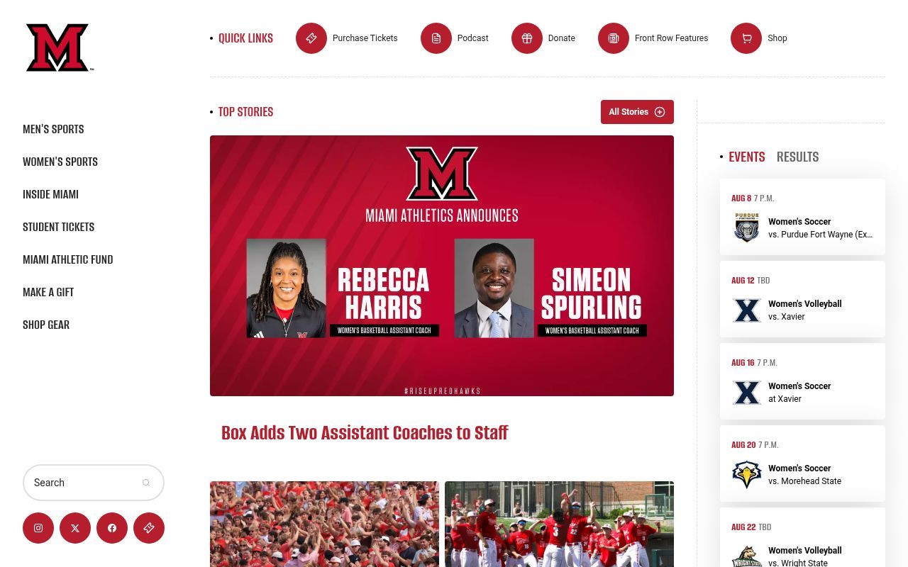 Homepage screenshot of miamiredhawks.com
