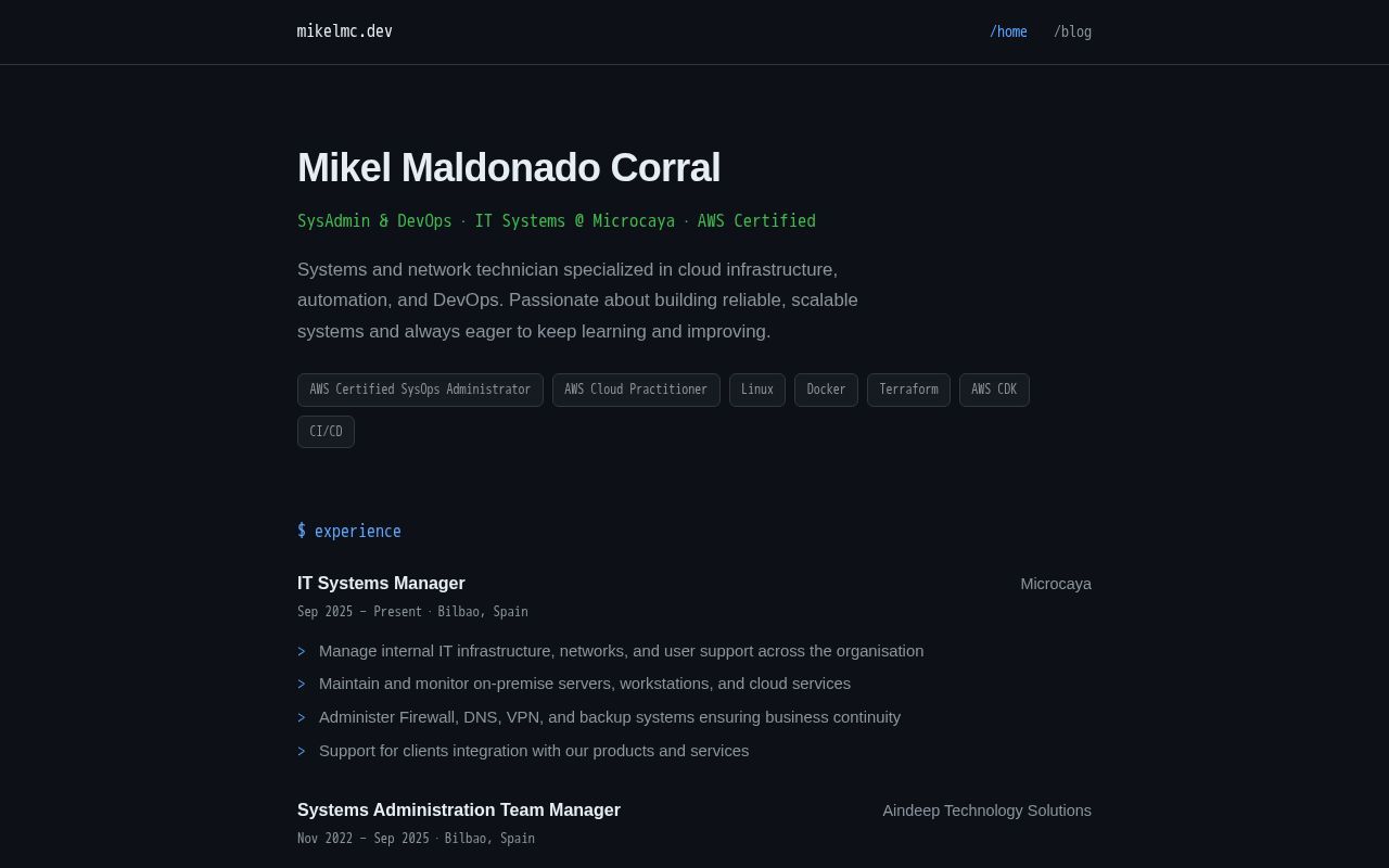 Homepage screenshot of mikelmc.dev
