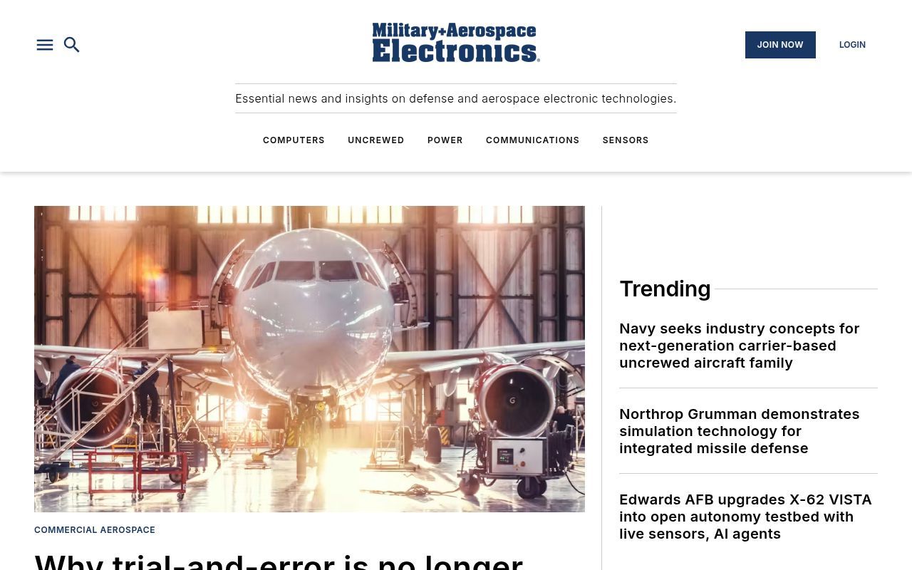 Homepage screenshot of militaryaerospace.com