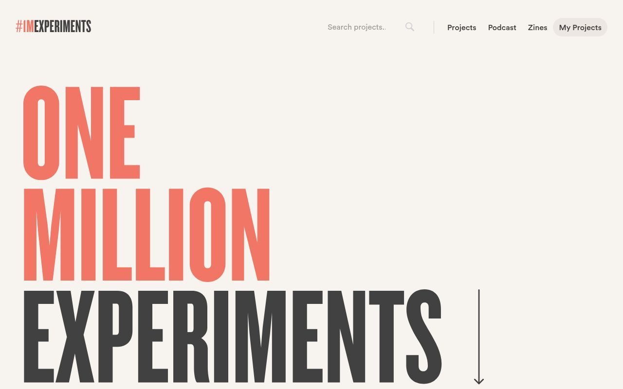 Homepage screenshot of millionexperiments.com