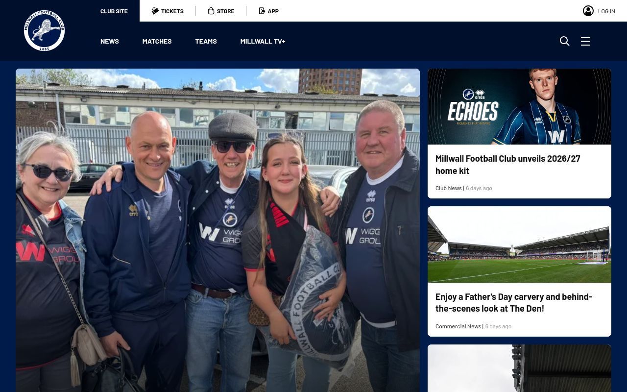 Homepage screenshot of millwallfc.co.uk