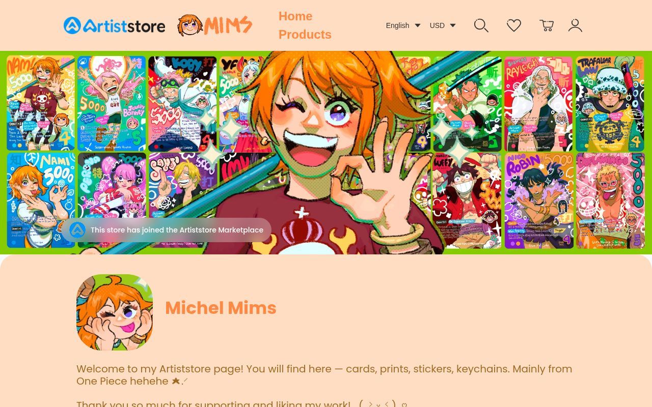 Homepage screenshot of mimscosara.artiststore.com
