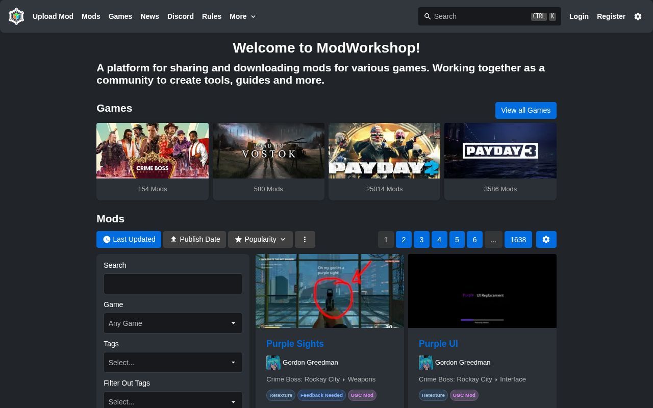Homepage screenshot of modworkshop.net