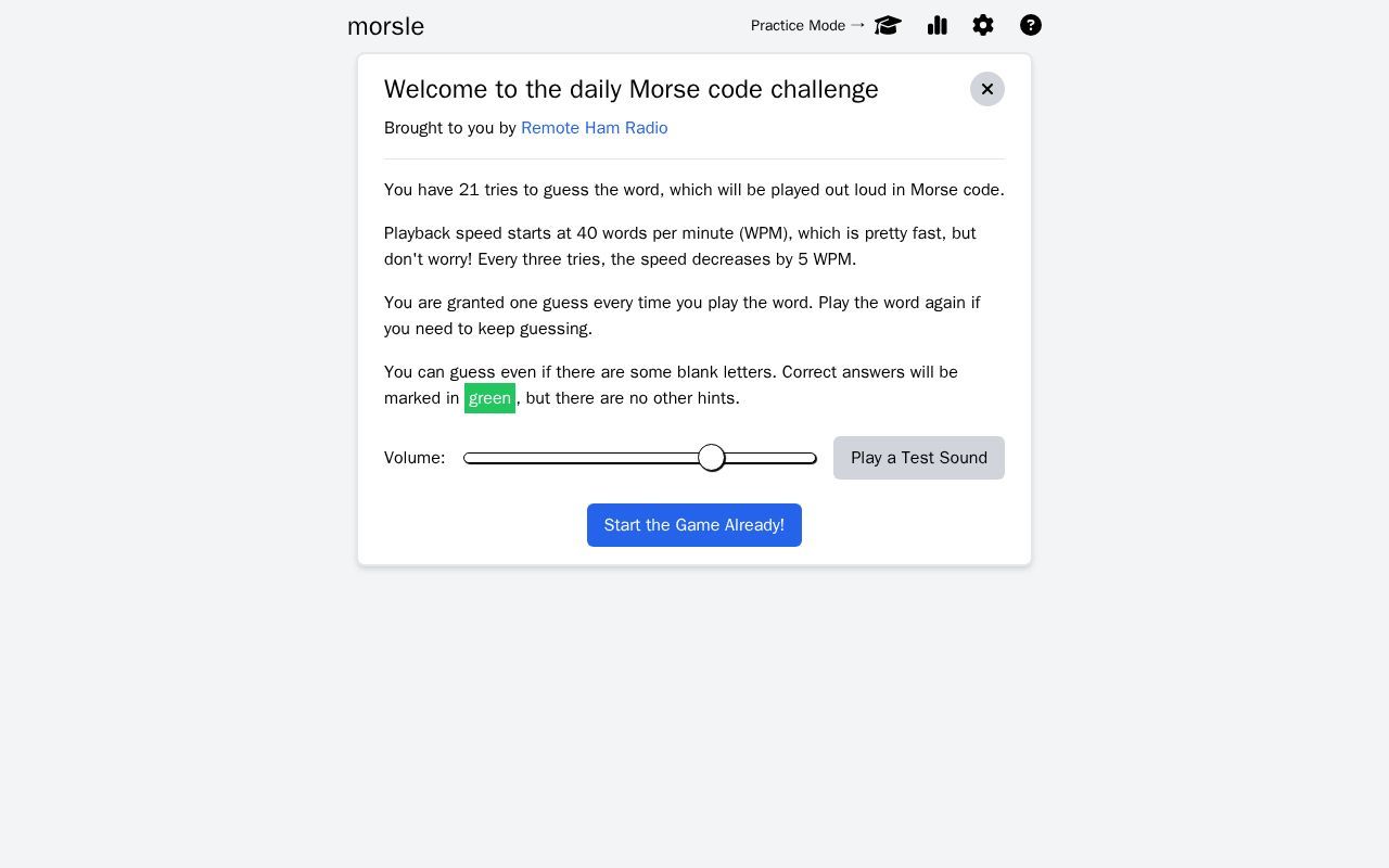 Homepage screenshot of morsle.fun