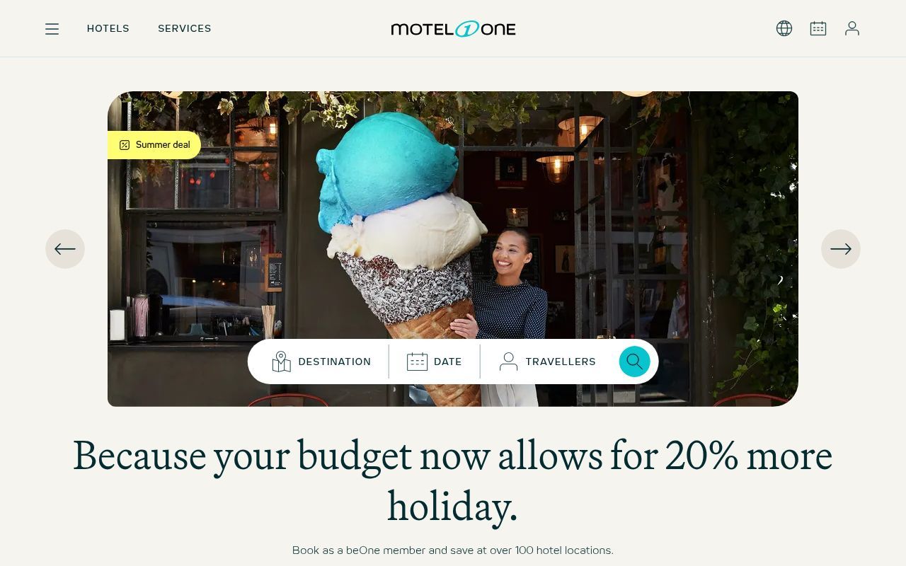 Homepage screenshot of motel-one.com