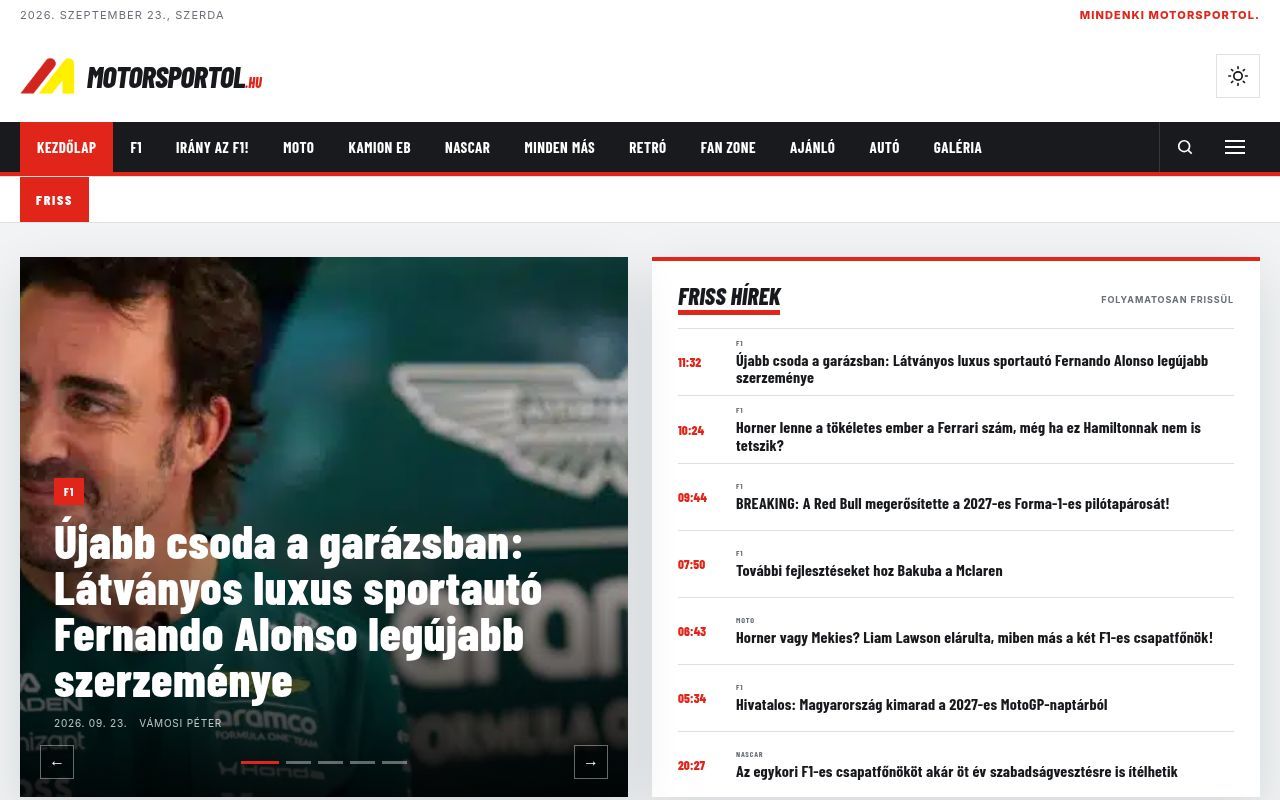 Homepage screenshot of motorsportol.hu