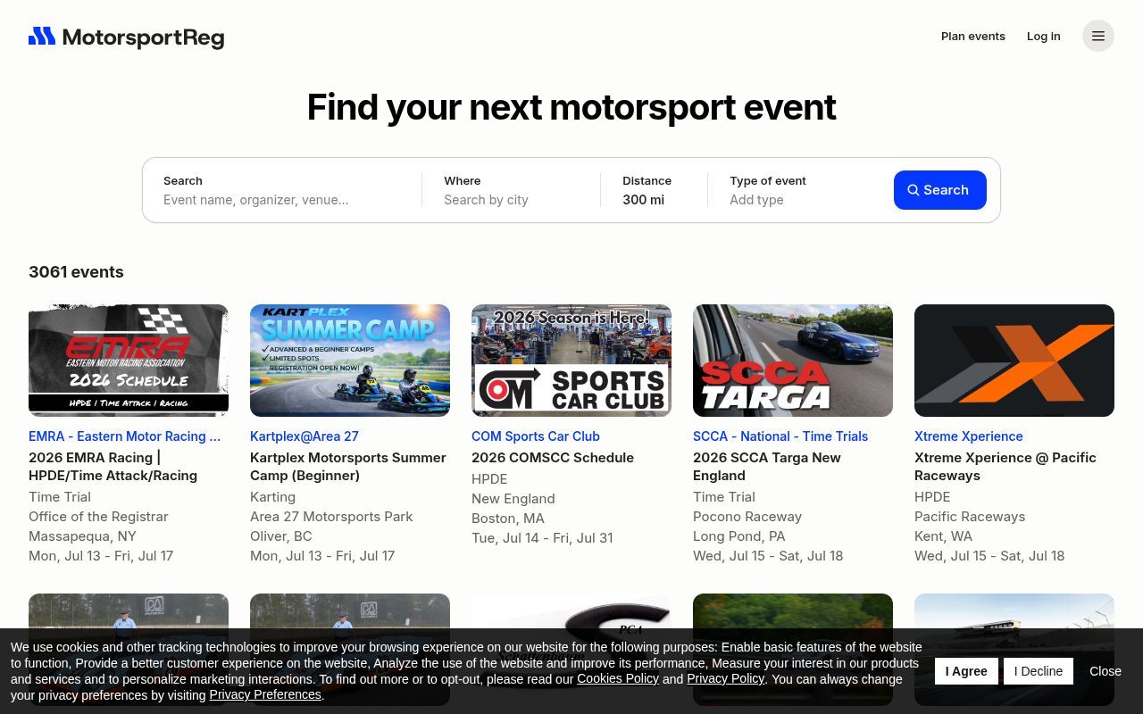 Homepage screenshot of motorsportreg.com