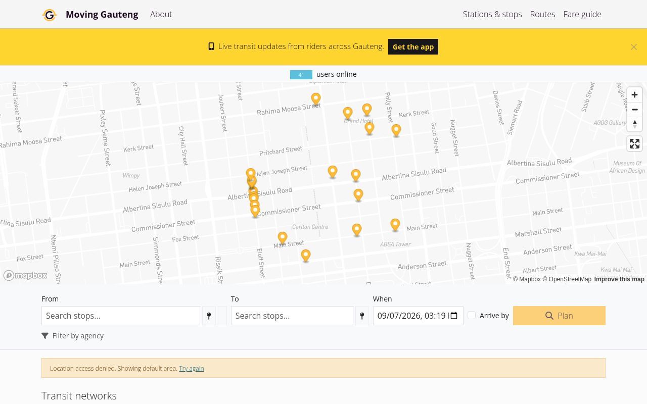 Homepage screenshot of movinggauteng.co.za