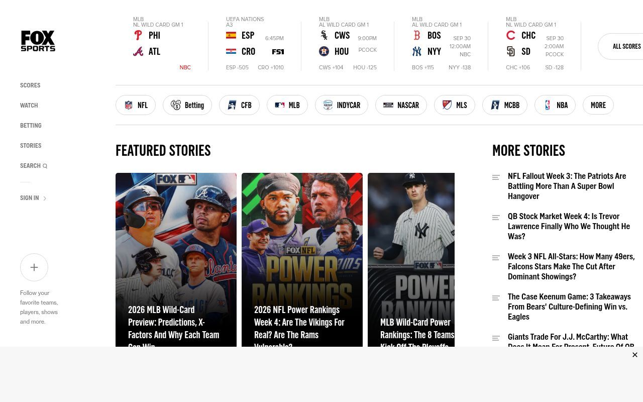 Homepage screenshot of msn.foxsports.com