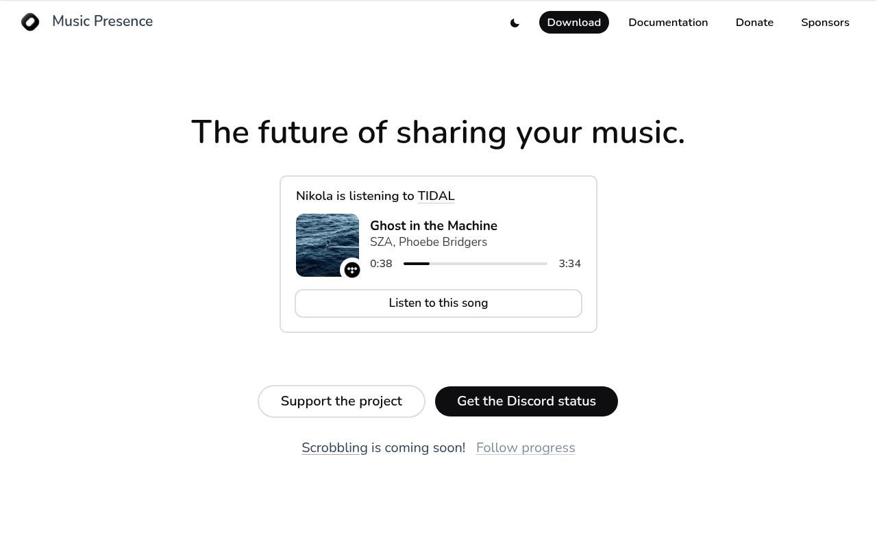 Homepage screenshot of musicpresence.app
