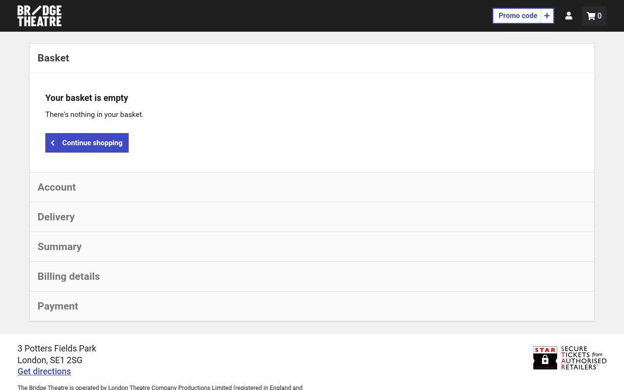 Homepage screenshot of my.bridgetheatre.co.uk