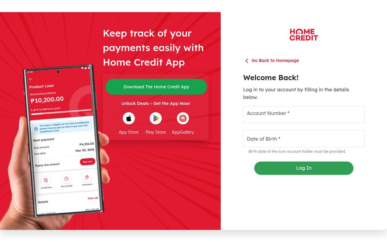 Homepage screenshot of myaccount.homecredit.ph