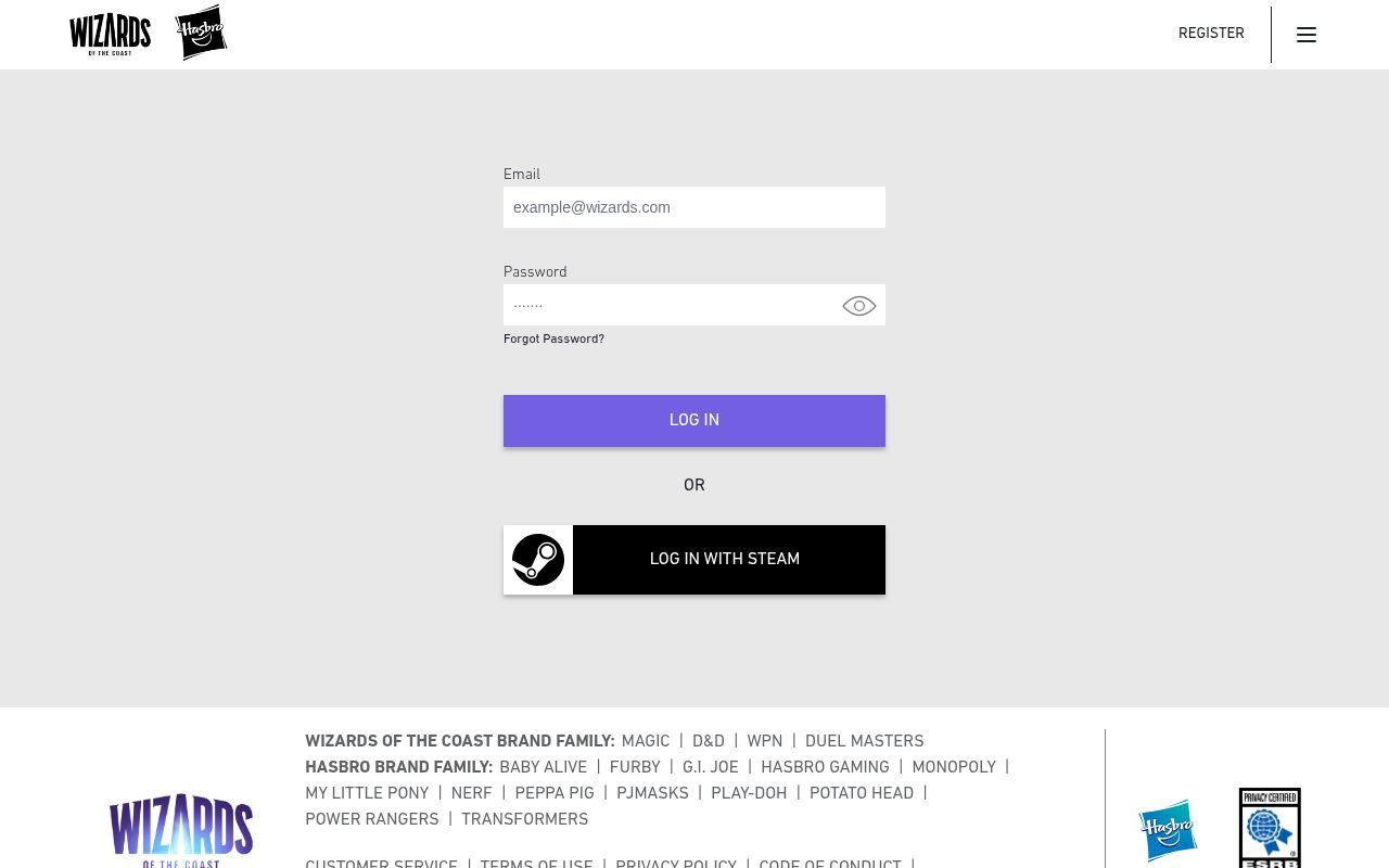 Homepage screenshot of myaccounts.wizards.com