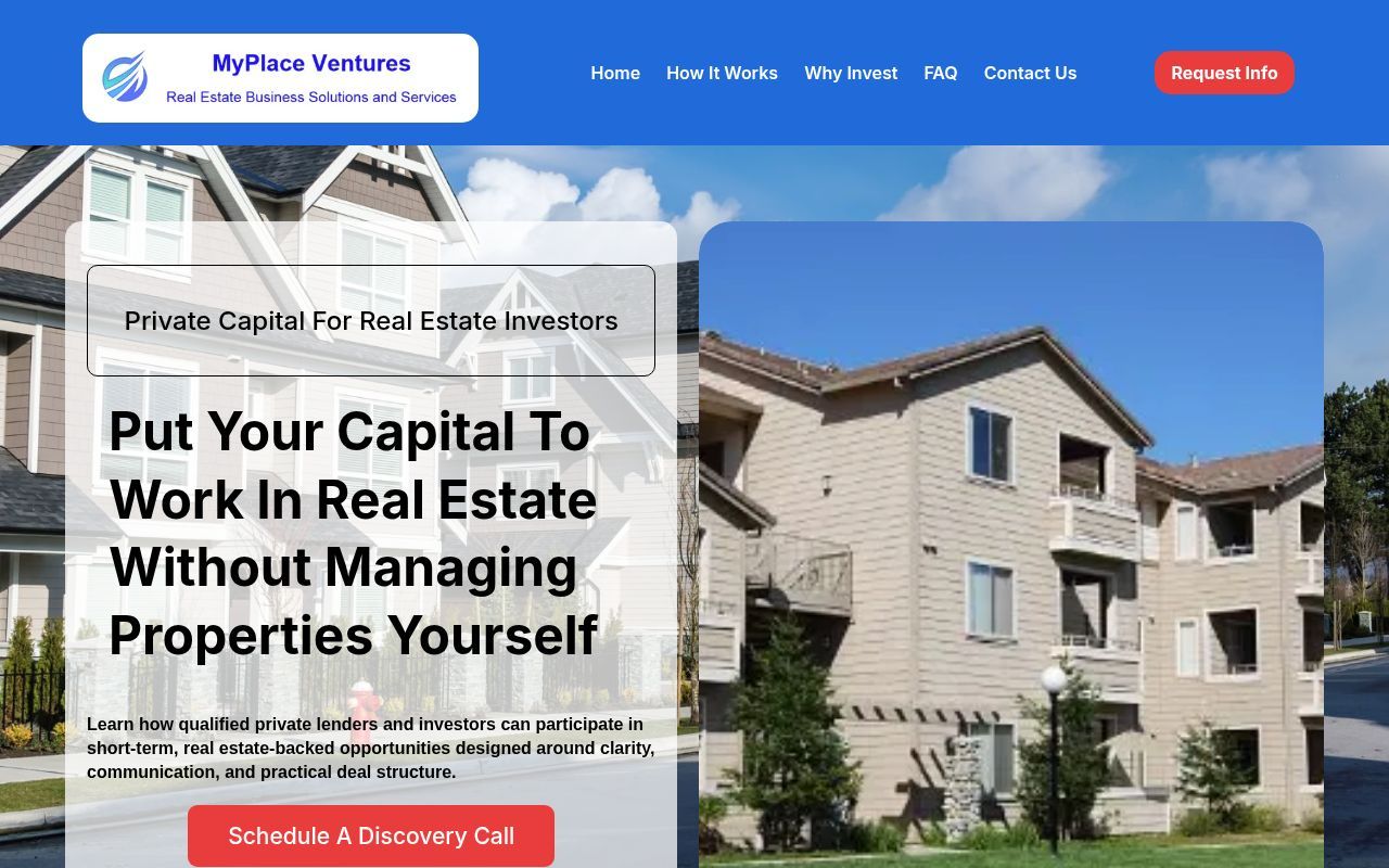 Homepage screenshot of myplaceventures.com